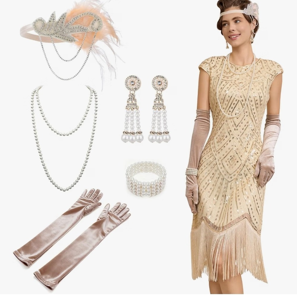Bebonnie 1920s Flapper Dress Set Gold Sequin Fringe Gatsby Costume Women Size L